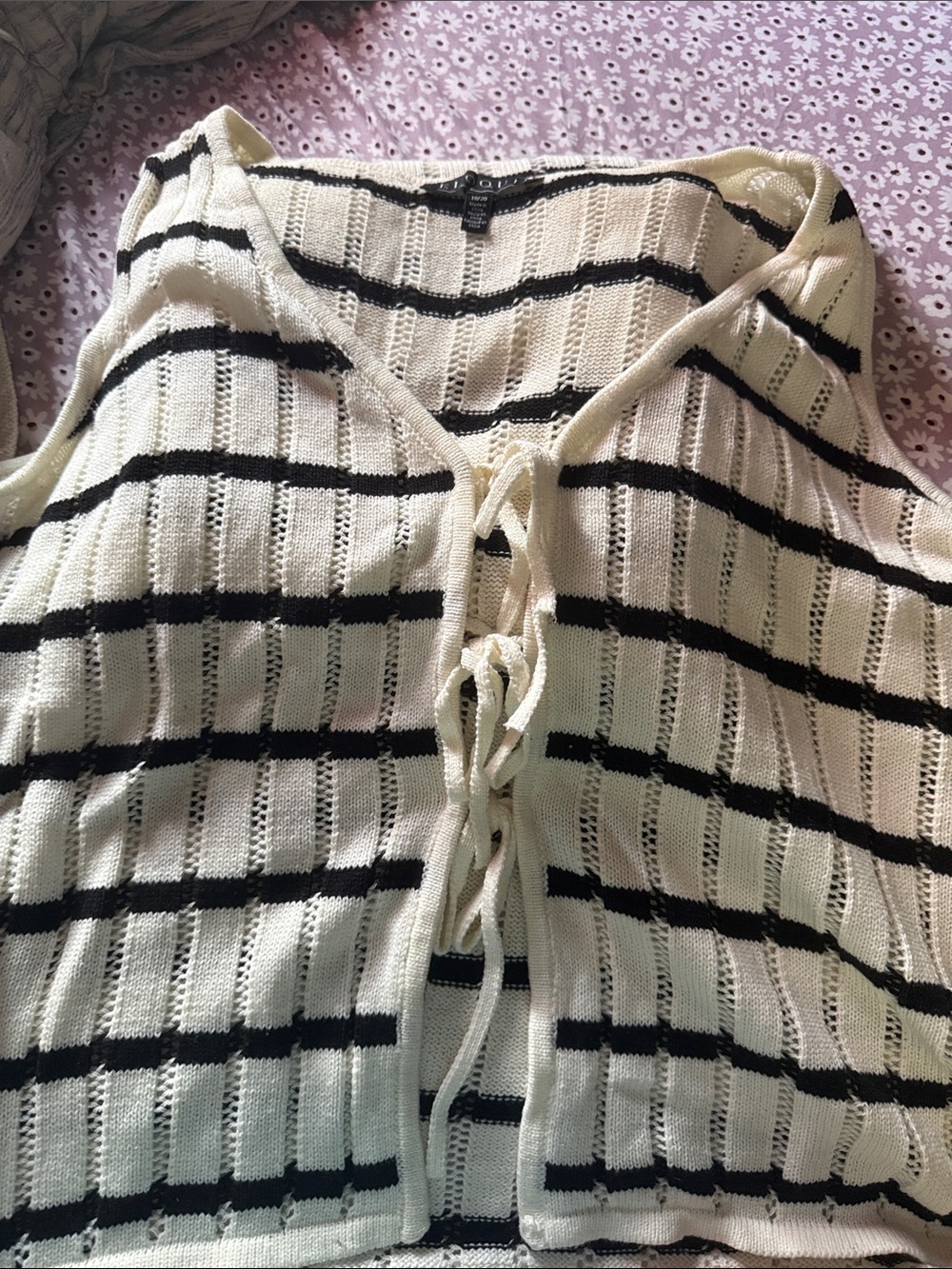 Striped Open-Knit Tie-Front Women's Sweater Vest with wide leg pants set